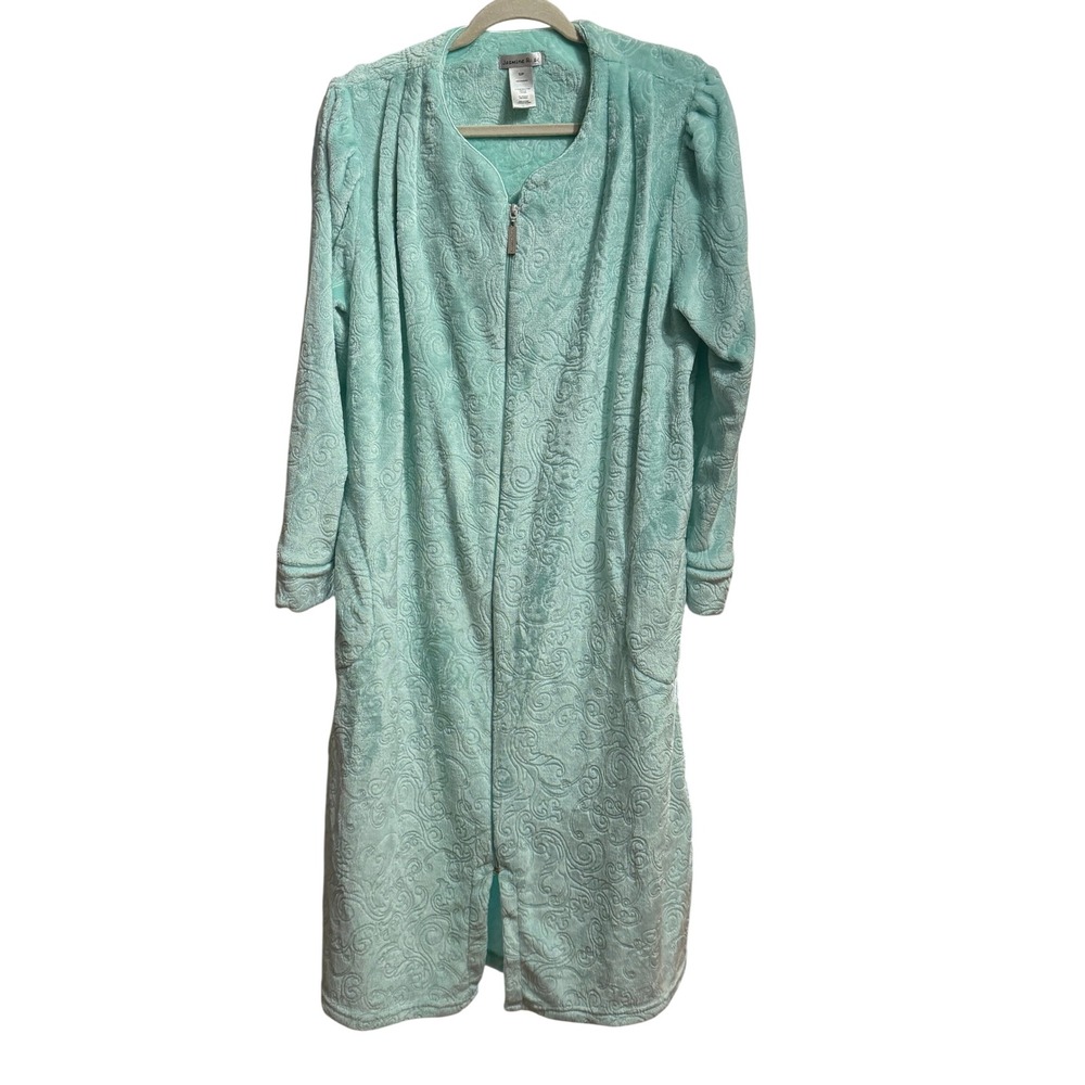 Jasmine Rose Plush Robe Aqua Blue Scroll Pattern Full Zip Loungewear Size S/P